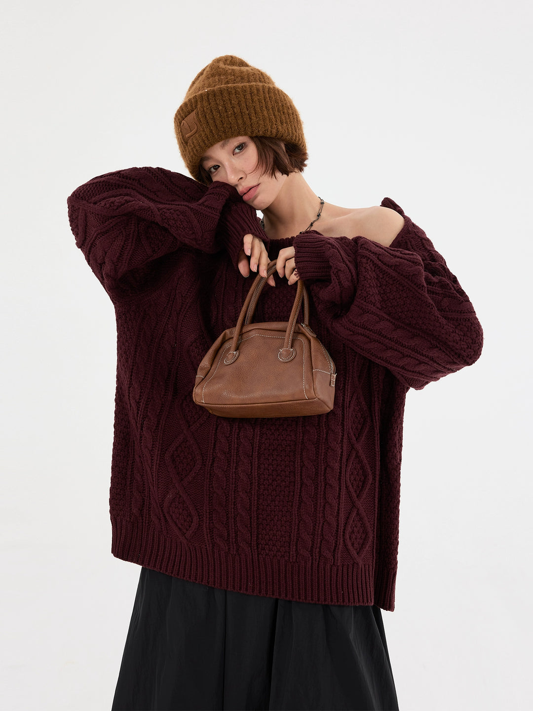 Knappar Kabelstickad Off-Shoulder Tröja 