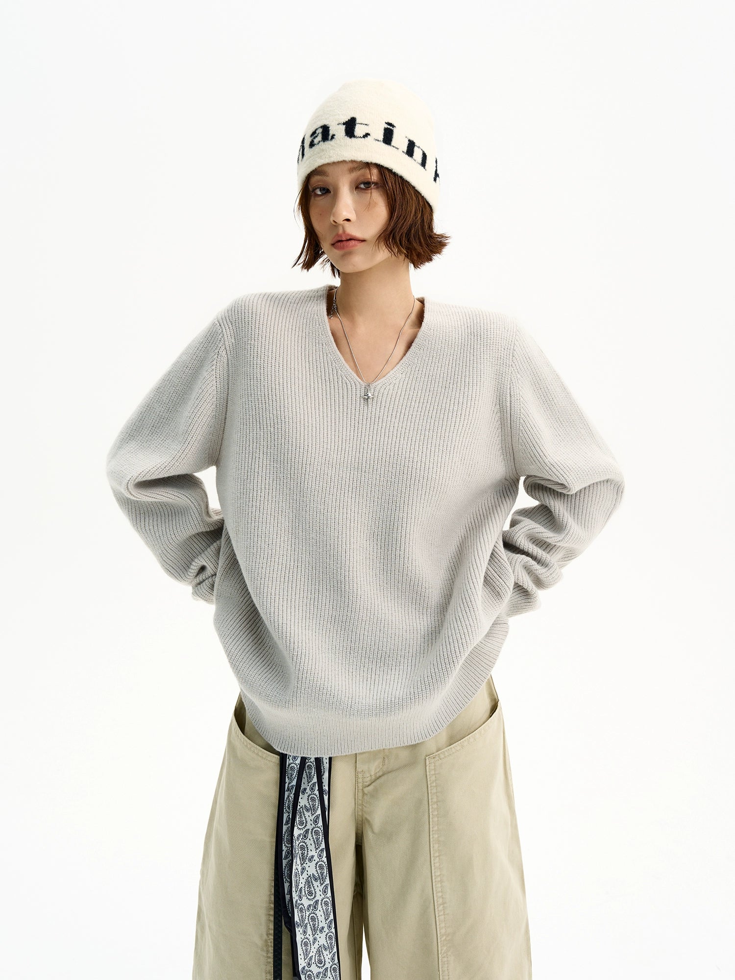 Maglione a V in maglia Pullover a vestibilità ampia 