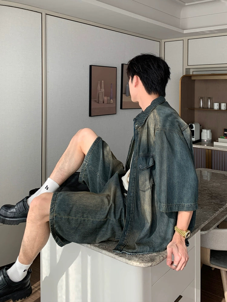 Set di Camicia in Denim a Maniche Corte e Pantaloni 