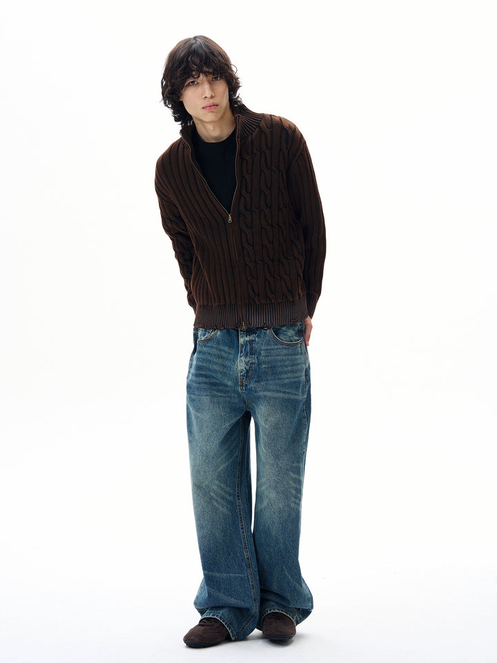Cardigan in maglia a treccia con zip e strappi 