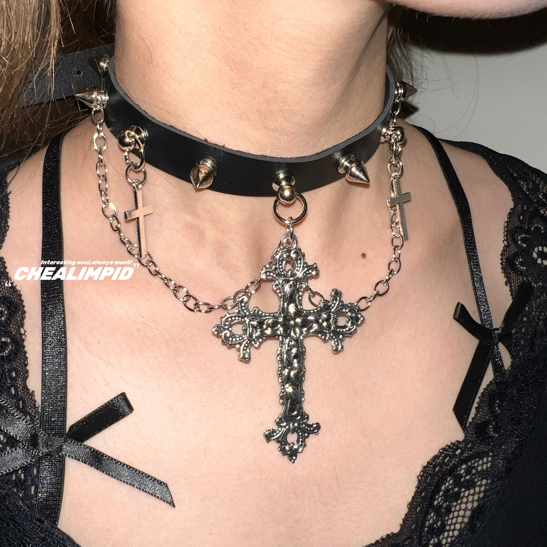 Punk Cross Rivet Chain Choker Necklace