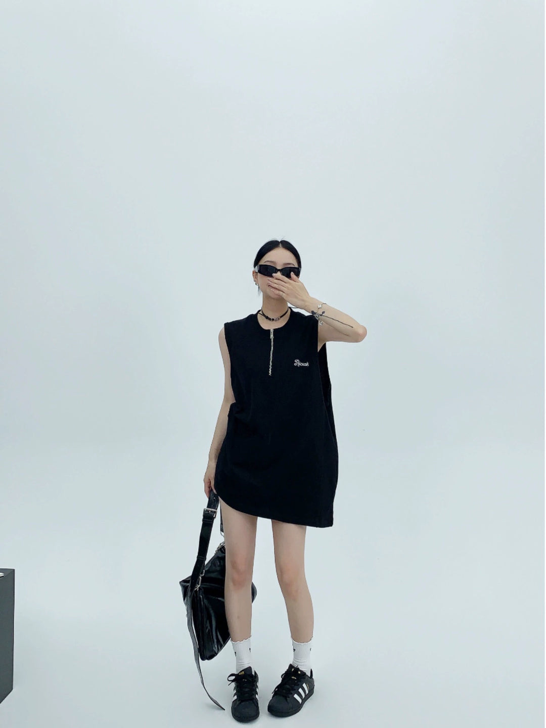 Zipper Embroidered Oversized Tank Top