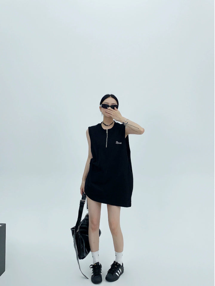 Zipper Embroidered Oversized Tank Top