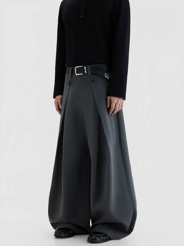 ワイドレッグプリーツストライプカジュアルパンツ 