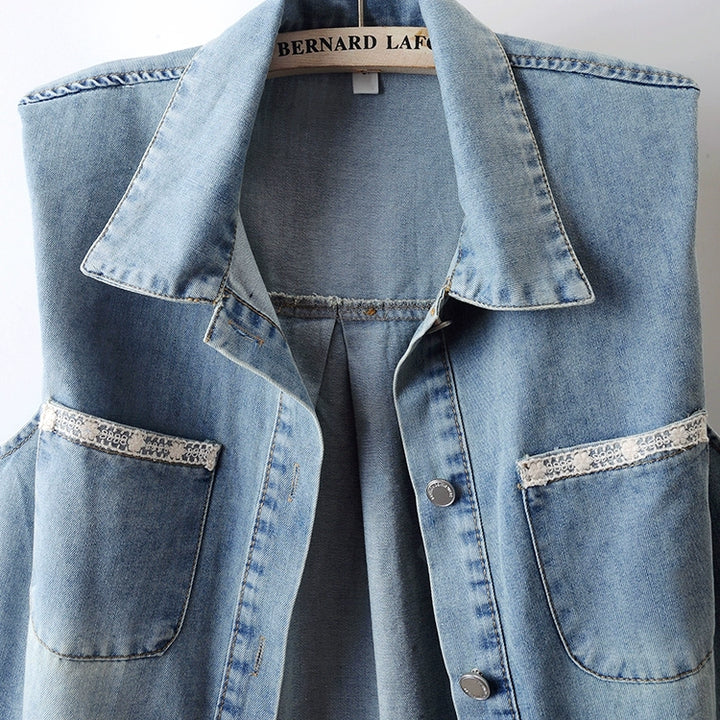 Ärmelloses Denim-Revershemd mit Gürtel 
