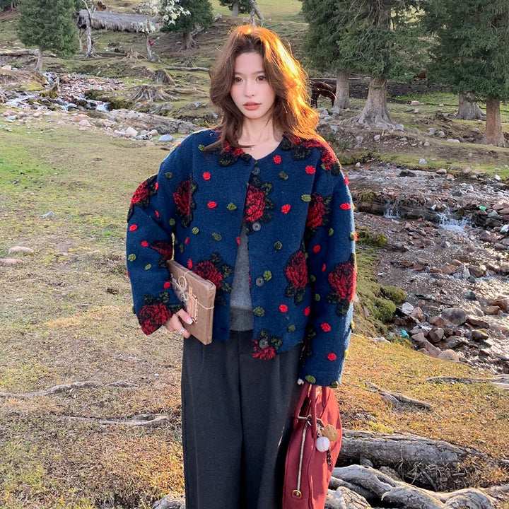 Manteau en laine à col rond et à fleurs 