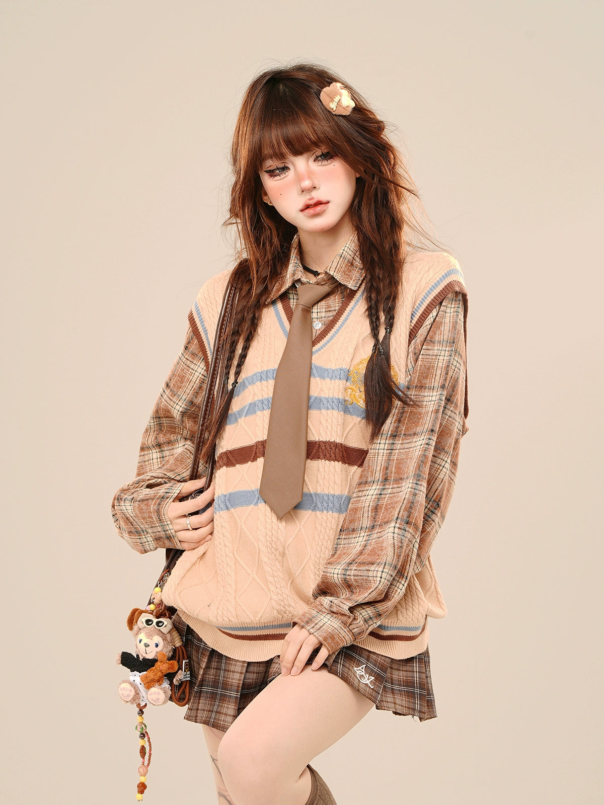 チェック柄ニット女子高生セーター ベストセット 