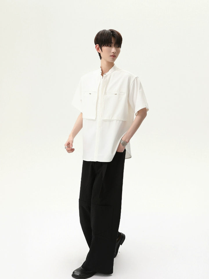 Stand Collar Double Pocket Short Sleeve Shirt
