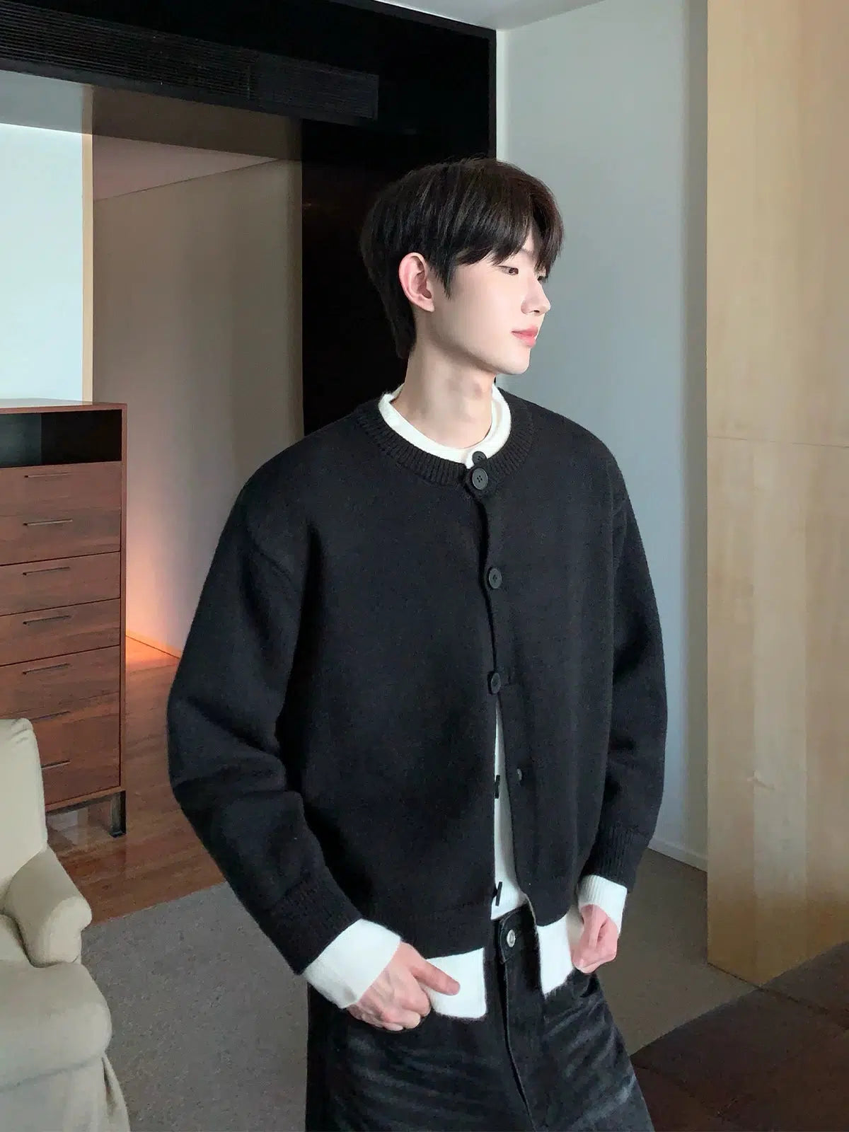 Button Front Crewneck Cardigan