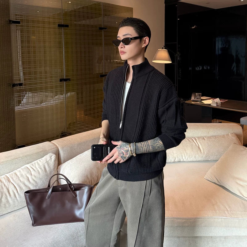 Dik Yaka Fermuarlı Ribana Örgü Hırka 