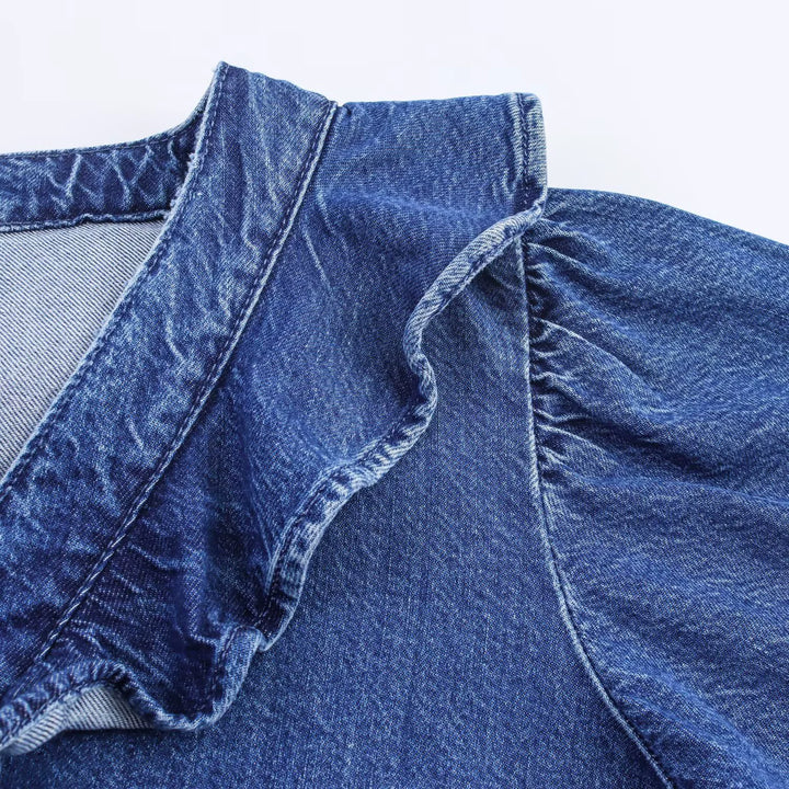 Lace Trim Ruffle Denim Button Shirt
