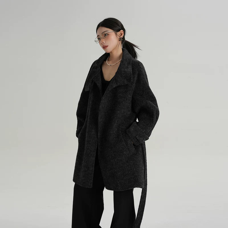 Mid-Length Wool Coat with Stand Collar