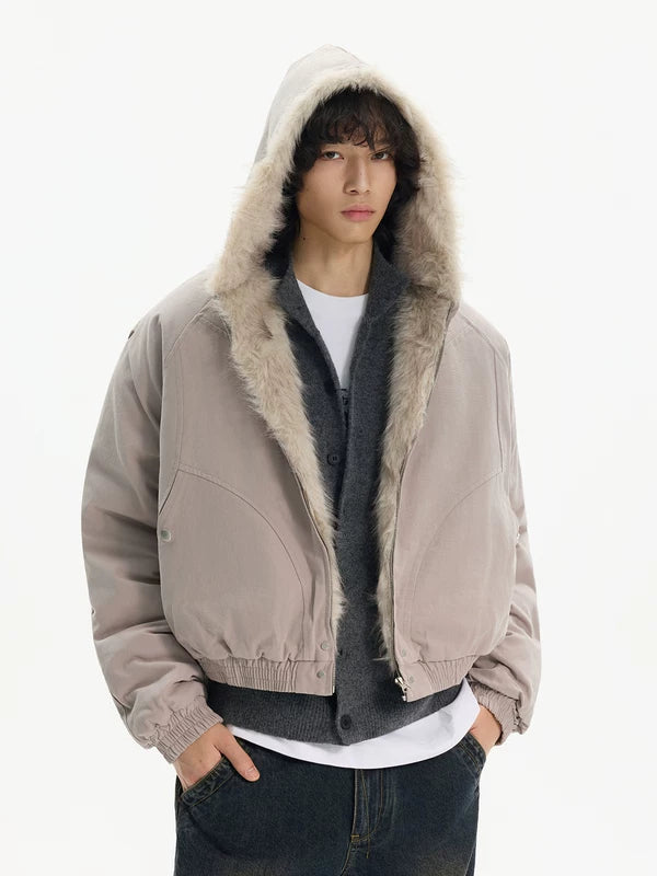 מעיל פוף עם קפוצ'ון וצווארון פרווה סינתטית 