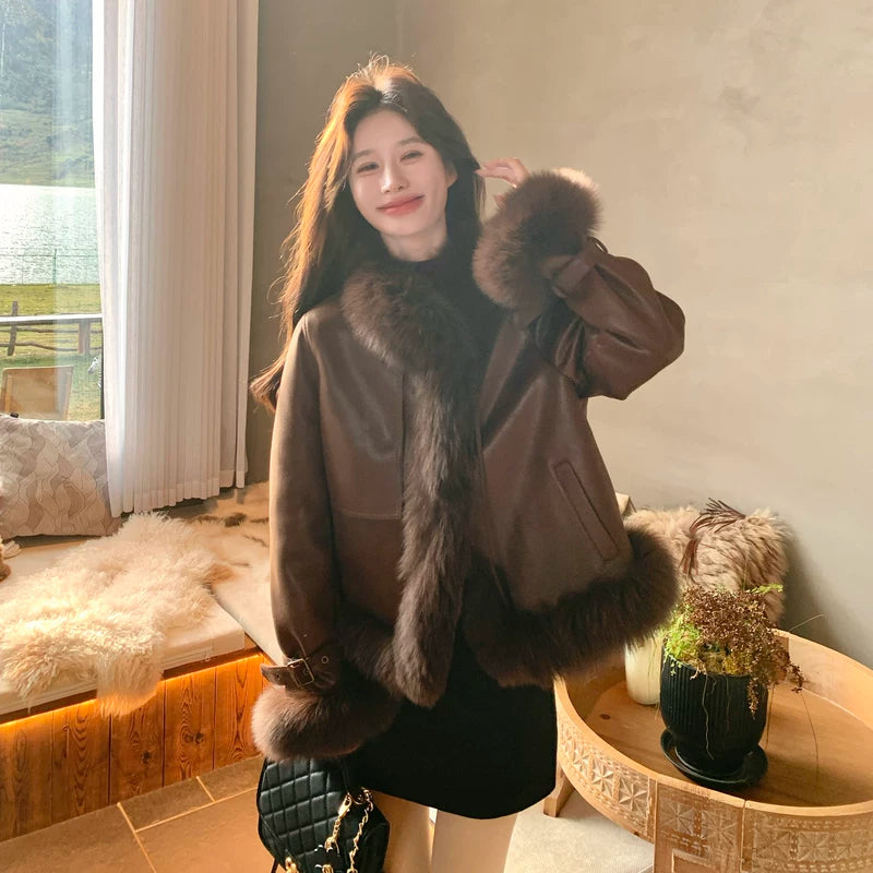 جاكيت جلد مزود بفراء ثعلب 