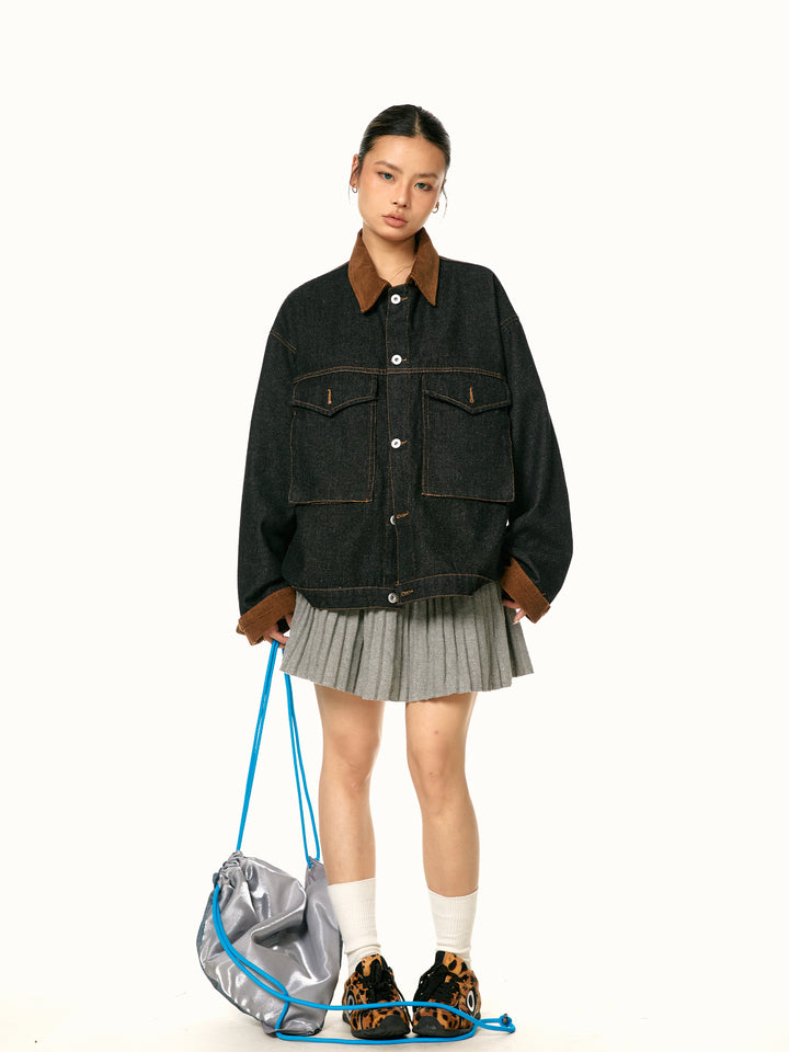 Corduroy Lapel Stitching Denim Jacket