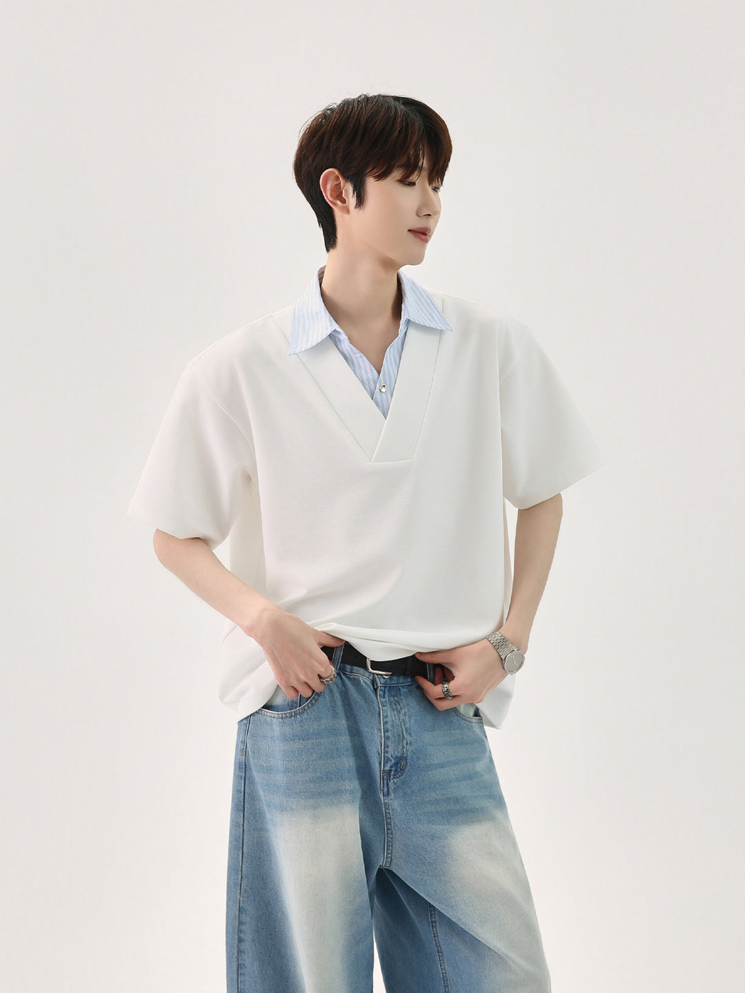 Loose V-Neck Patchwork Shirt