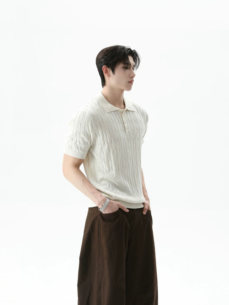 Knitted Polo Collar Short Sleeve Pullover