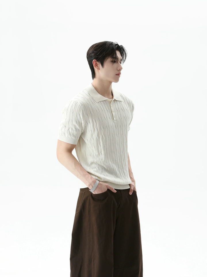 Knitted Polo Collar Short Sleeve Pullover