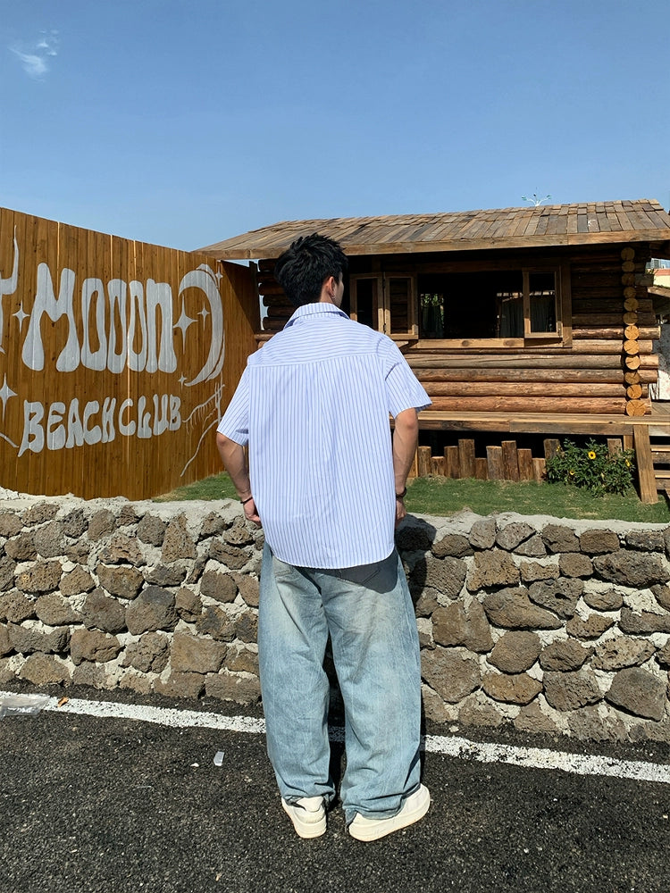 Košile s krátkým rukávem s vertikálními pruhy a knoflíky 