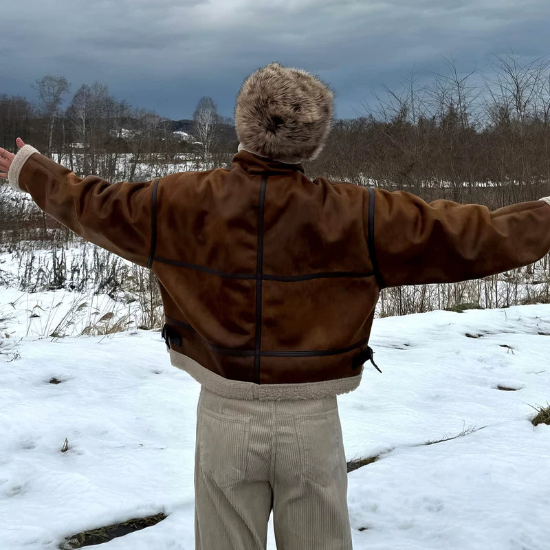 가짜 양모 털 안감 스탠드 칼라 자켓 