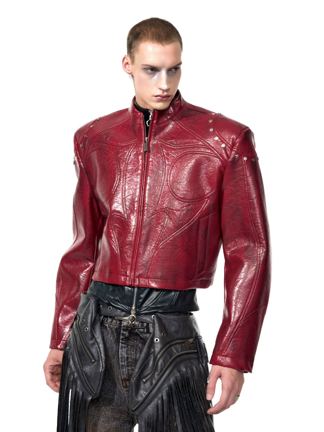 Chaqueta de motocicleta de cuero con cuello alzado y remaches 