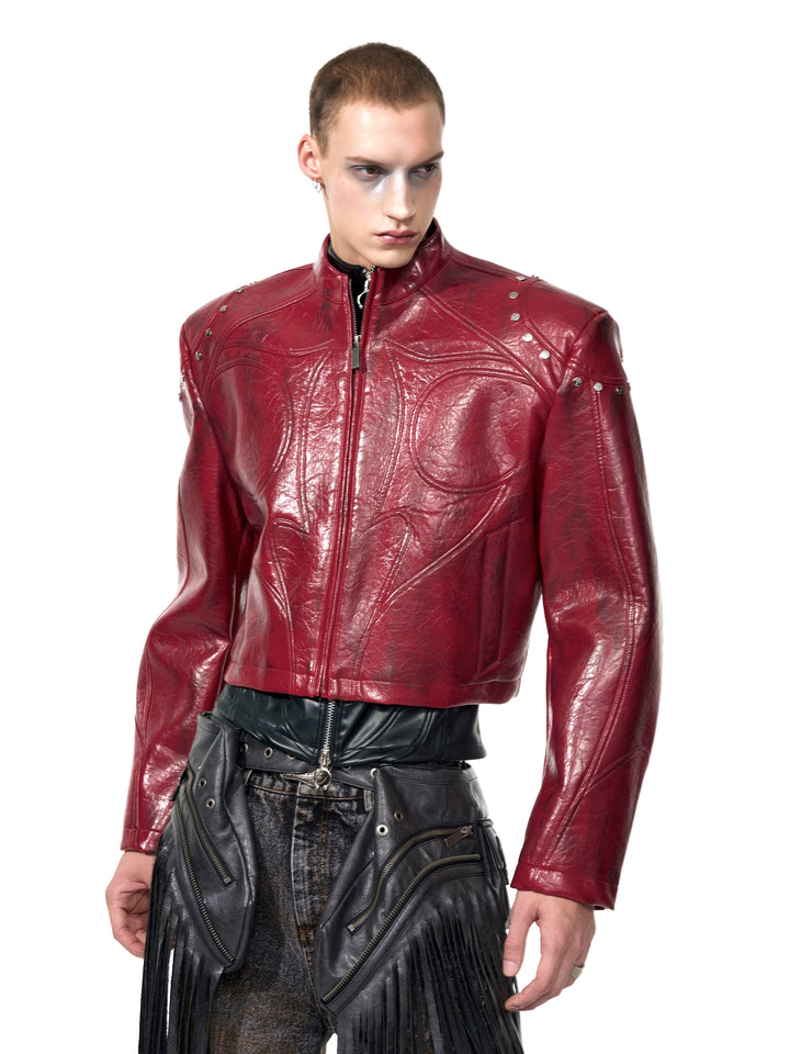 Chaqueta de motocicleta de cuero con cuello alzado y remaches 