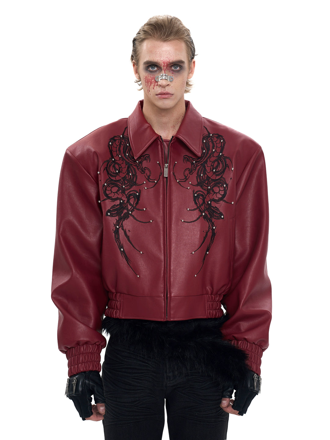 Chaqueta de motocicleta de cuero bordada con cuentas 