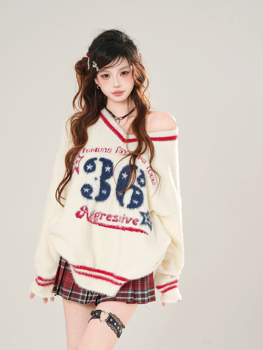 V-neck Off-Shoulder Fleece Sweatshirt