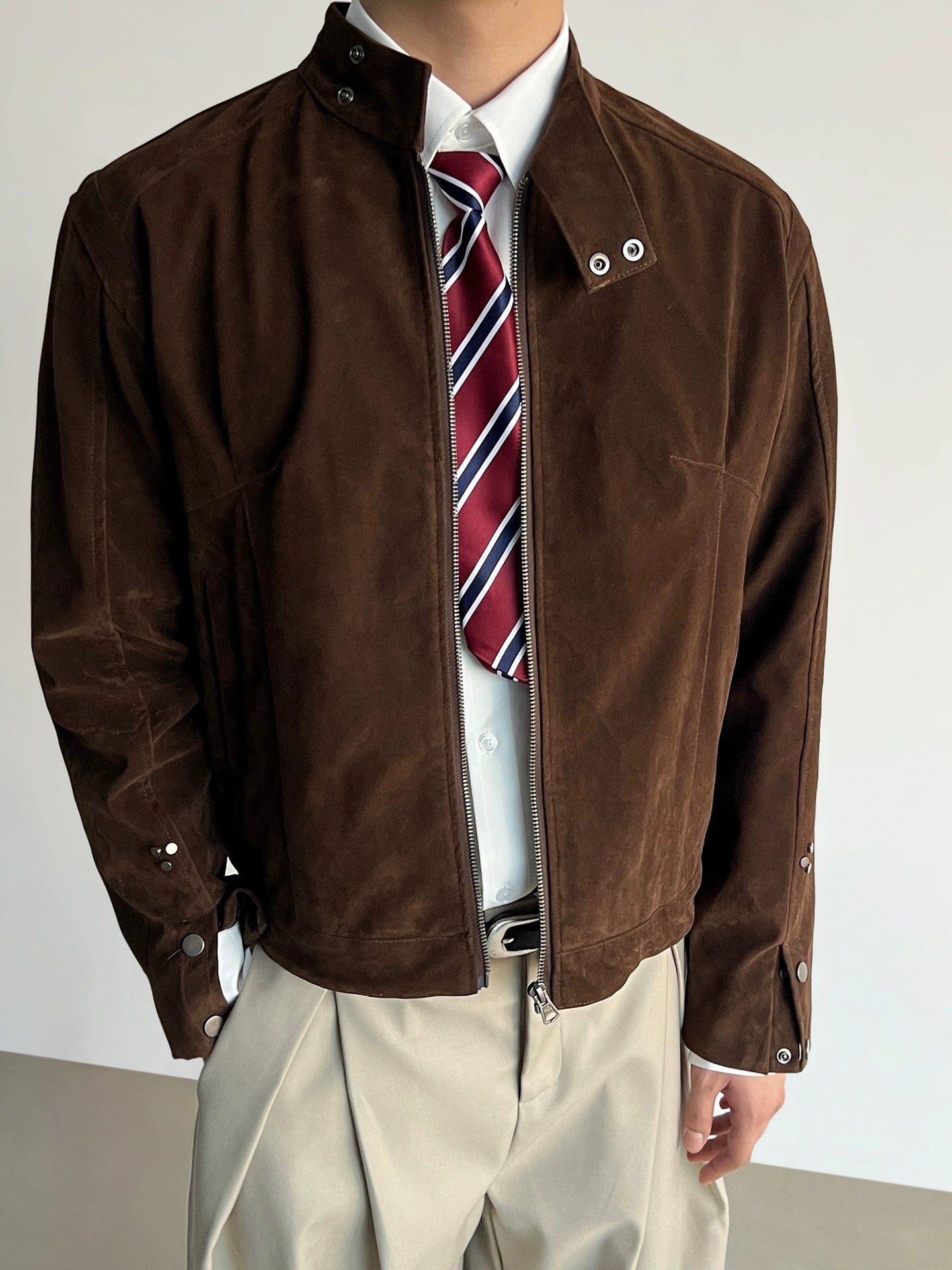 Süet Düz Yaka Harrington Kısa Ceket 