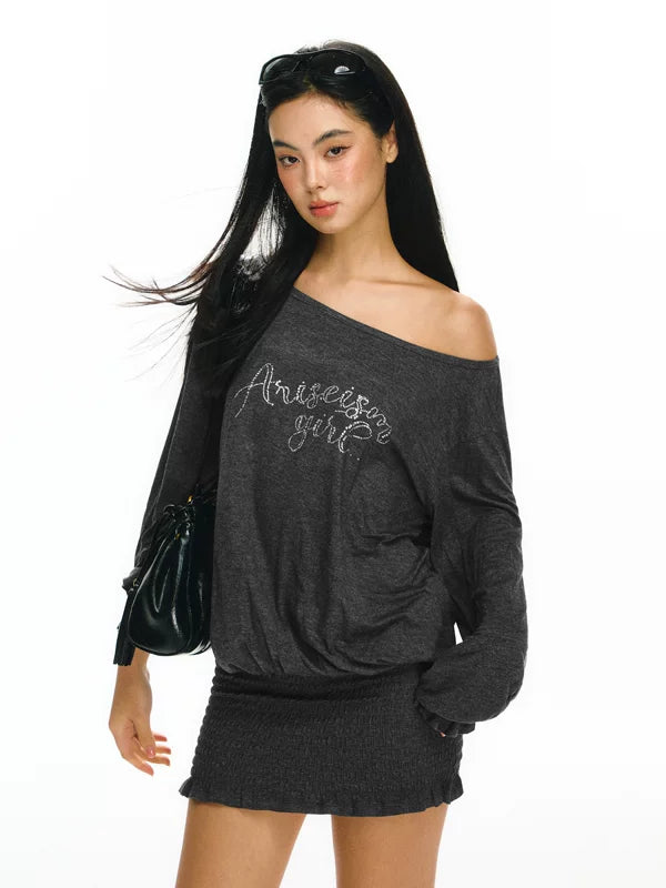 오프 숄더 긴 소매 니트 드레스 