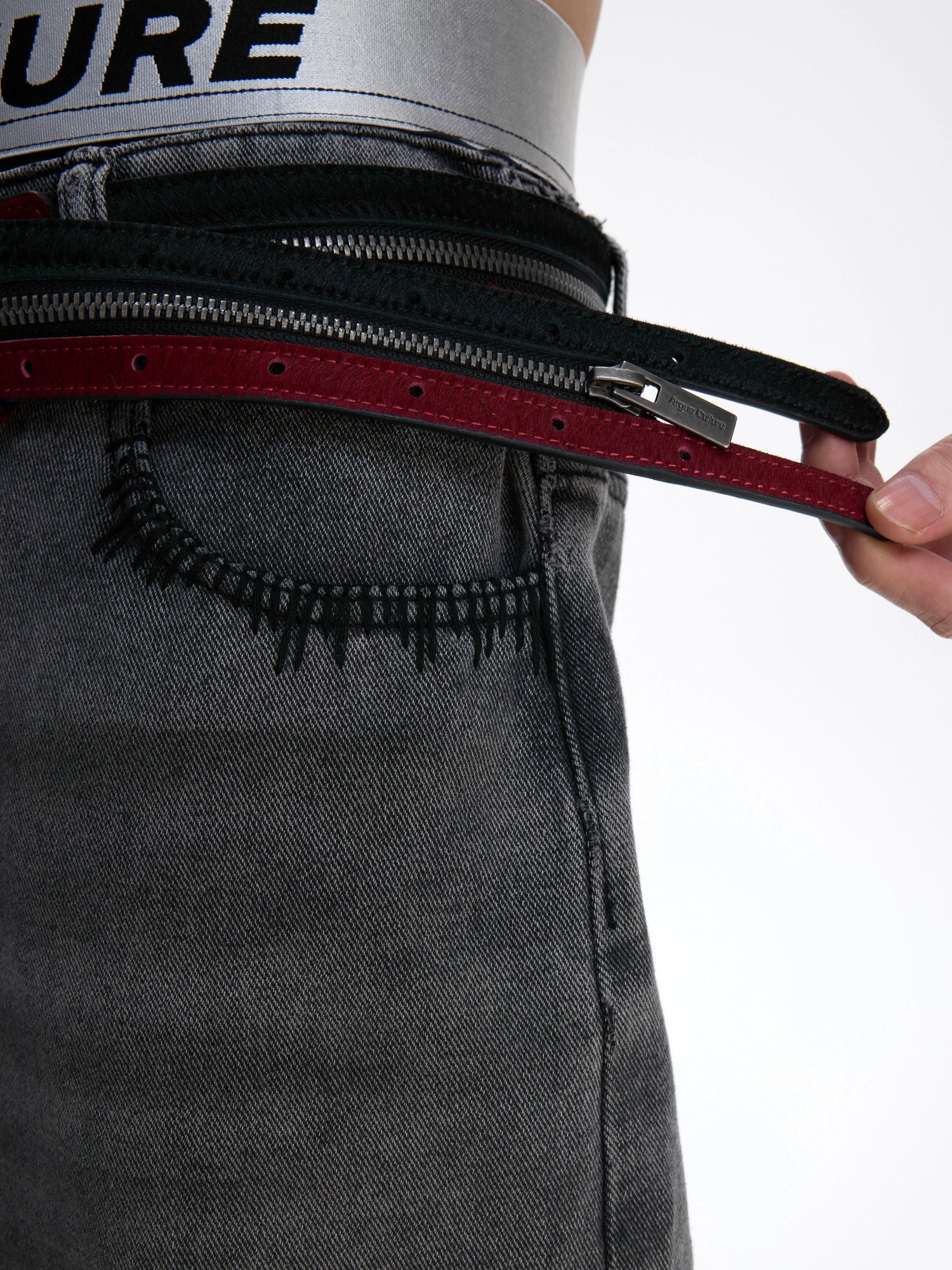Double Zipper Fur Leather Pants Belt