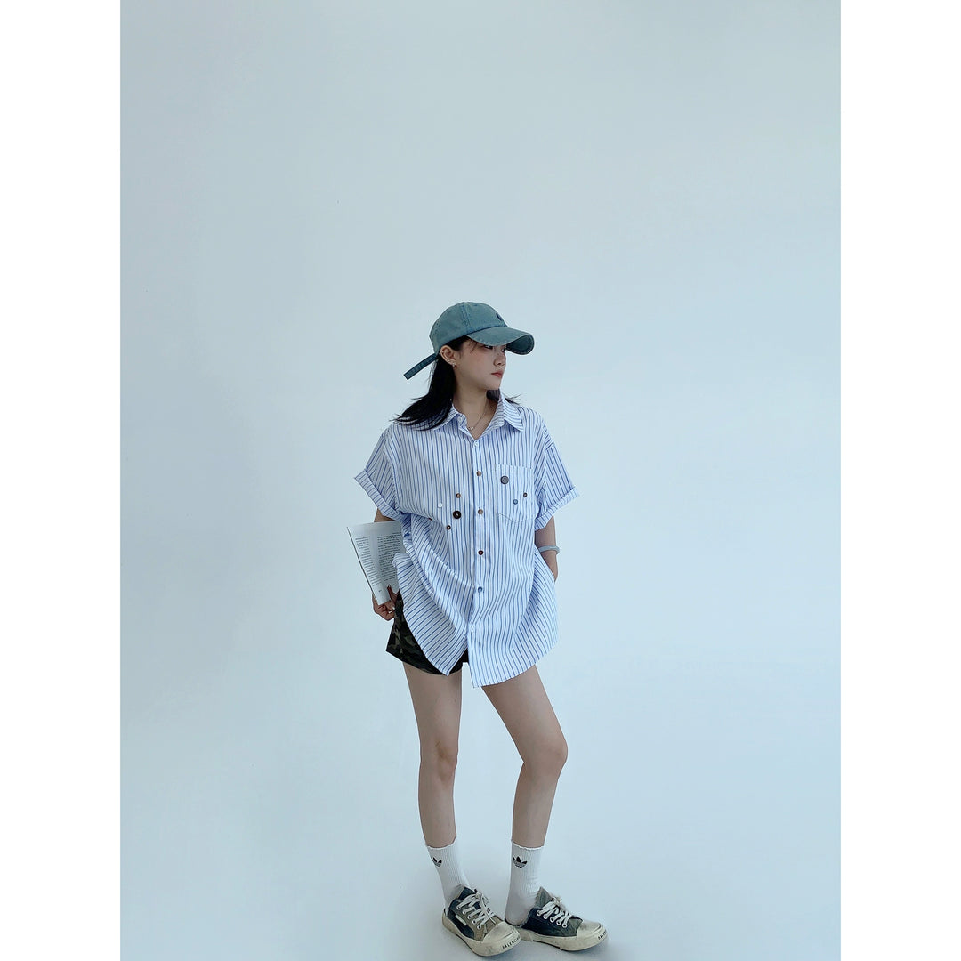 Striped Loose Multi-Button Short Sleeve Shirt