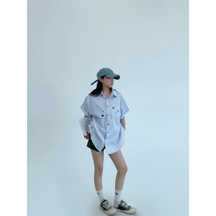 Striped Loose Multi-Button Short Sleeve Shirt