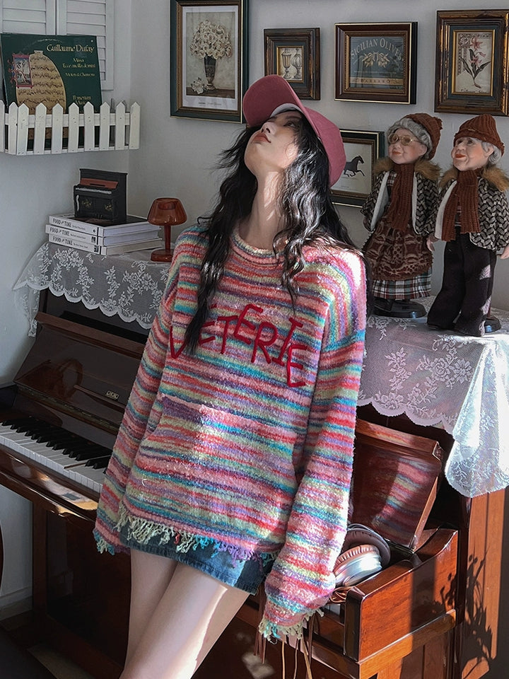 Rainbow Striped Loose Knit Sweater