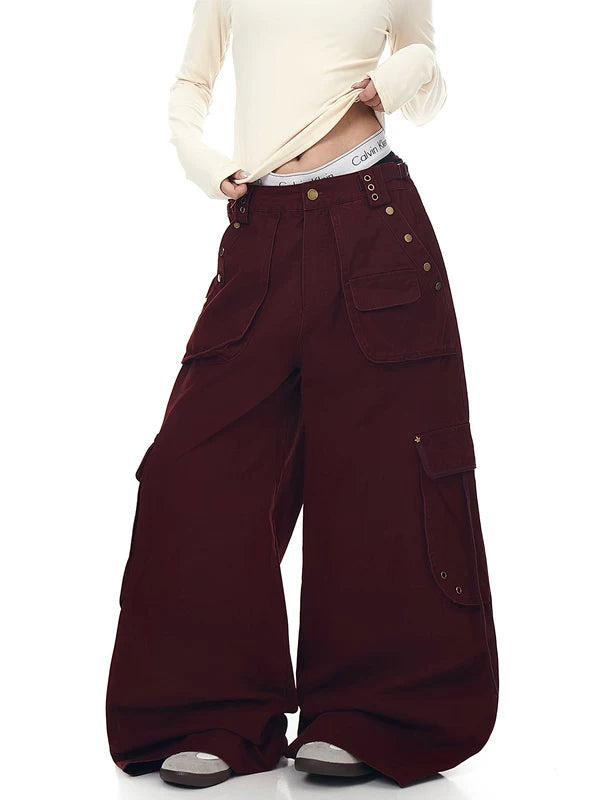 Pantalones cargo de pierna ancha retro con múltiples bolsillos 