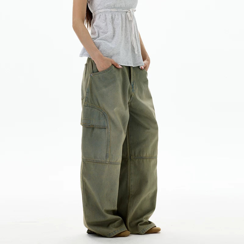 루즈 와이드 레그 데님 작업 팬츠 