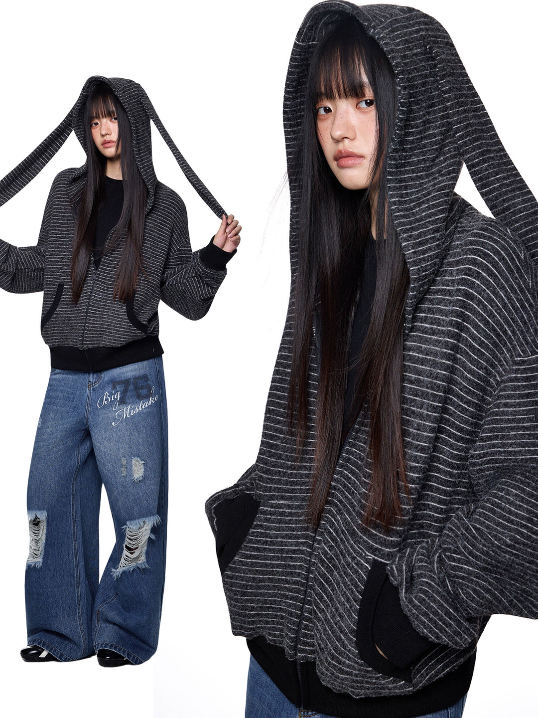 Rabbit Ear Striped Hooded Sweatshirt