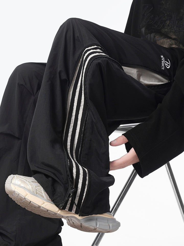 Pantalons décontractés à larges jambes rayés avec zip 