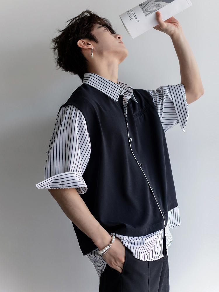 Loose-fit Striped Patchwork Shirt