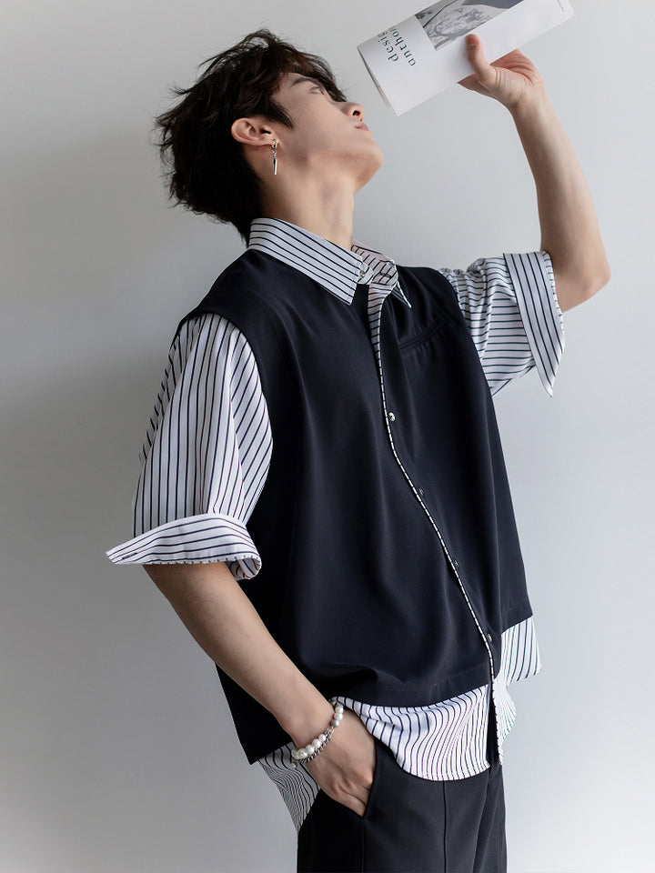 Loose-fit Striped Patchwork Shirt