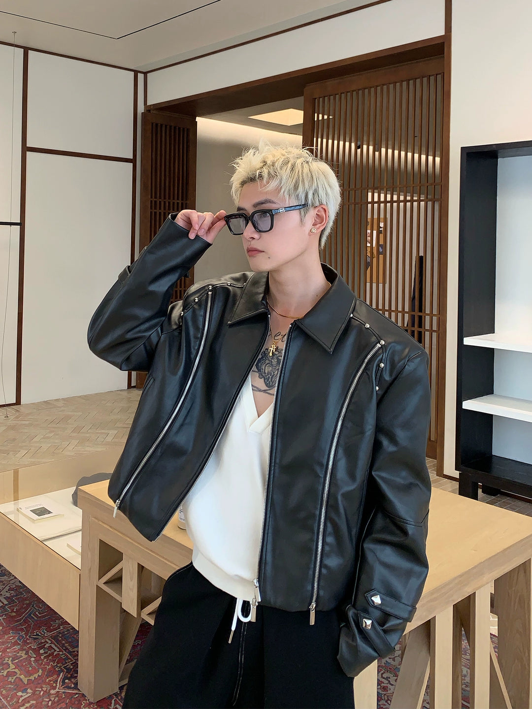 Rivet Beaded Leather Jacket