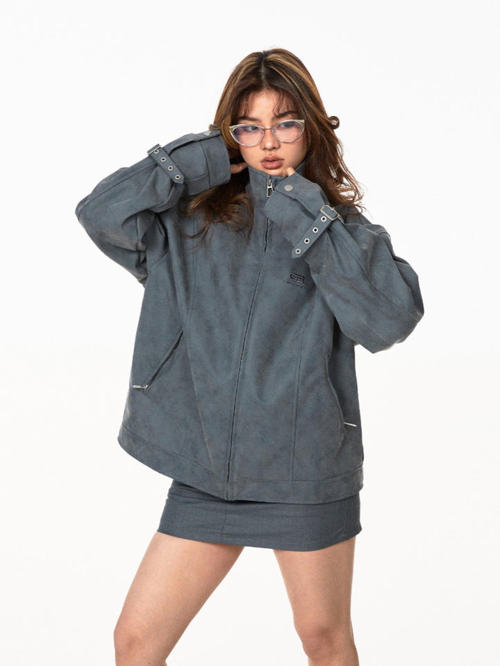Retro-Stickerei Stehkragen Lederjacke 