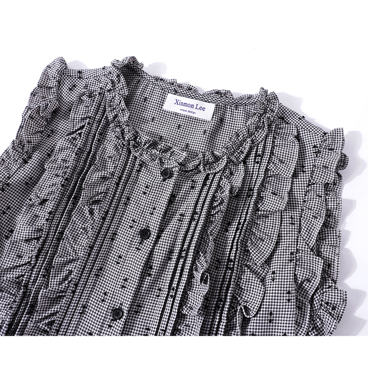 Chemise sans manches à boutons plissée en tartan 