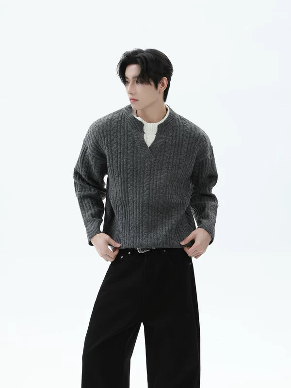Cable Knit V-Neck Pullover Sweater