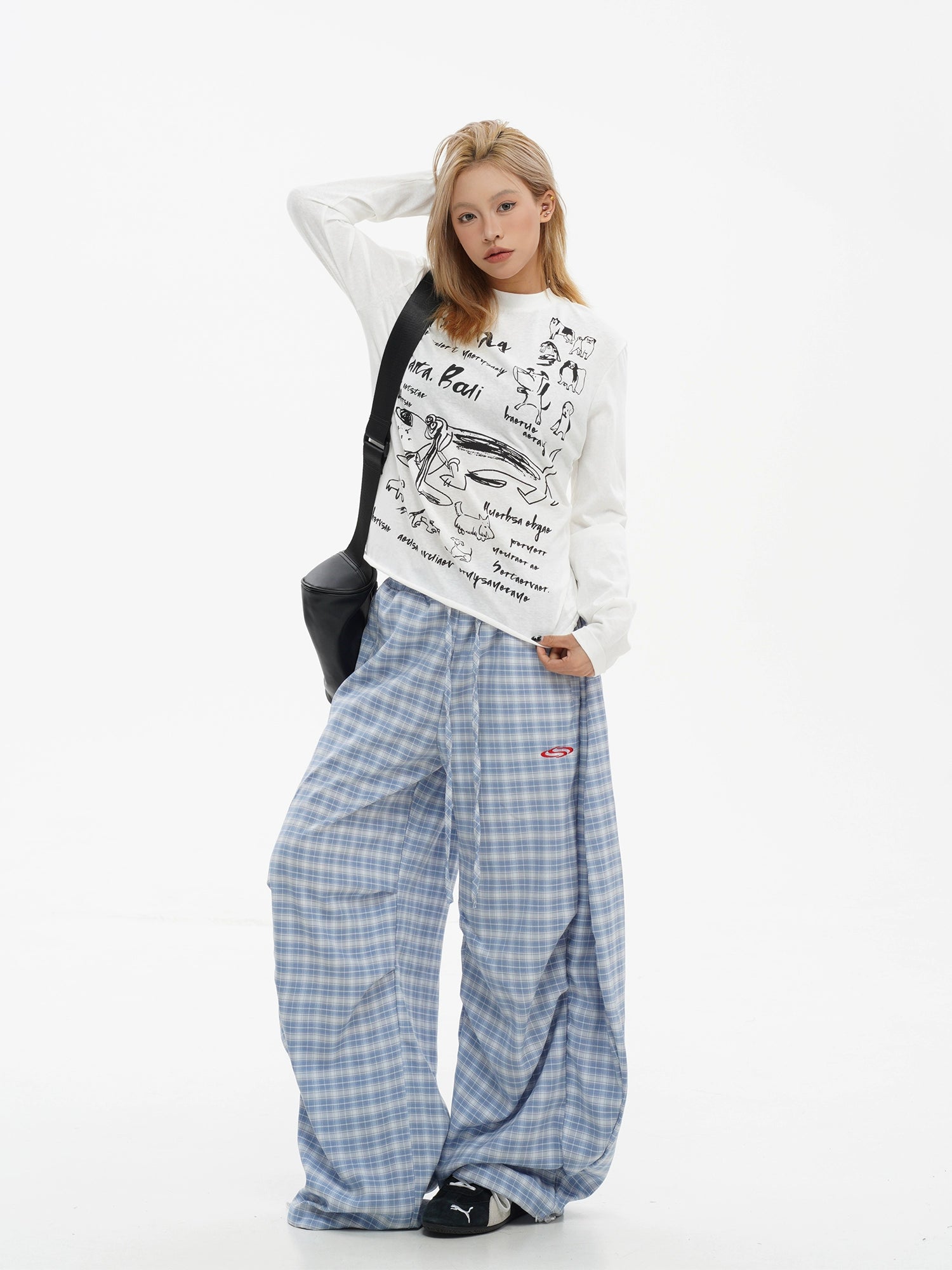 Plise Ekose Bol Kesim Geniş Paça Pantolon 