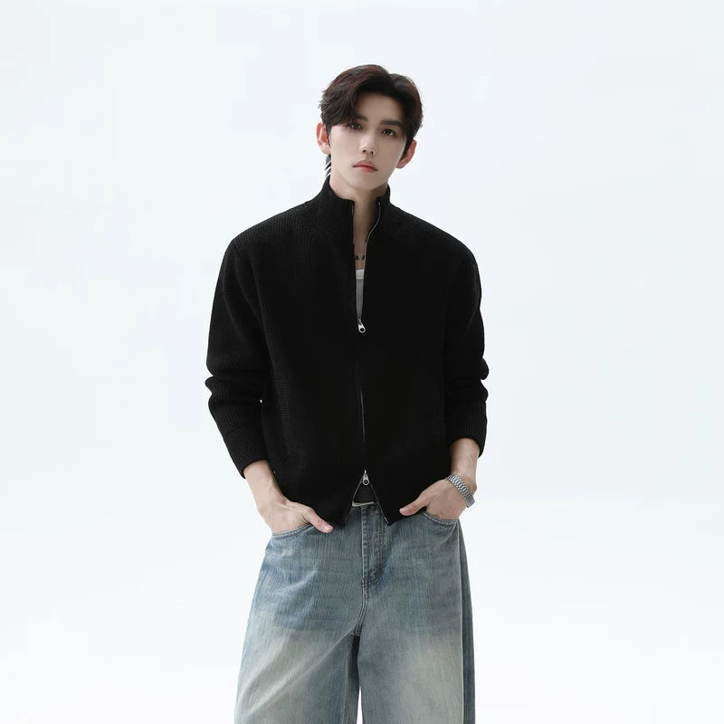 Double Zipper Stand Collar Wool Cardigan