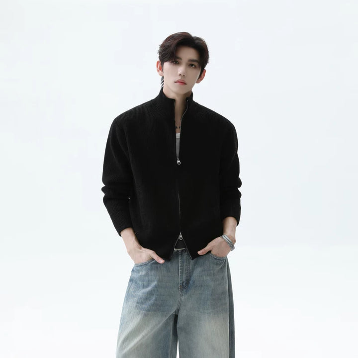 Double Zipper Stand Collar Wool Cardigan