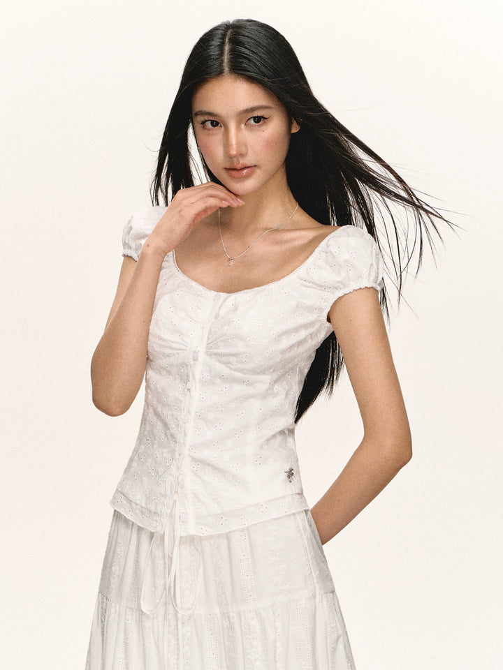 Eyelet Button-Front Short Sleeve Blouse