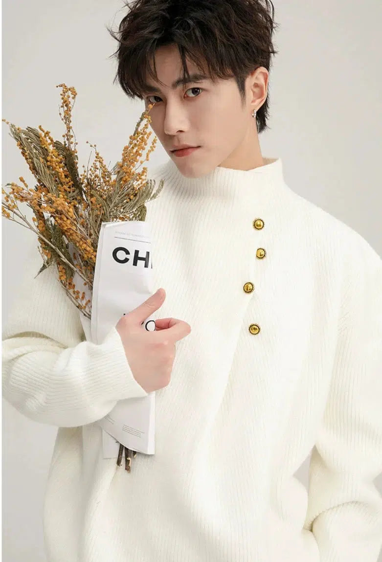 Metal Button-Up Mock Neck Knit Sweater