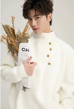 Metal Button-Up Mock Neck Knit Sweater